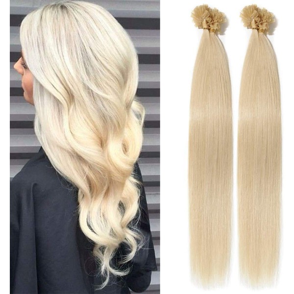 Elailite U-Tip Real Hair Bonding Extensions Keratin Hair Extensions Hair Straight 200 Strands 100 g 24 Inches / 60 cm - 2 Sets #60 Platinum Blonde