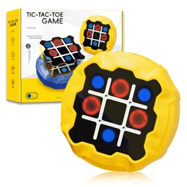 Rechargeable Tic Tac Toe Game, 4-in-1 Compact Handheld Puzzle Game Console, Portable Travel Games for Car Ride, Fun Memory Games Gifts Toys for Boys Girls Kids Adult Ages 3+ (Yellow)