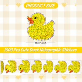 Whaline 1000Pcs Rubber Duck Stickers Roll Yellow Duck Holographic Stickers Sparkly Adhesive Label Decals for Duck Birthday Party Favor Water Bottle Scrapbook Birthday Party Decor