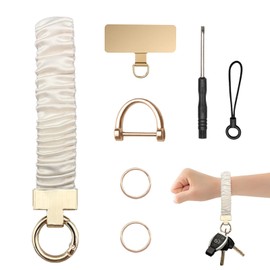 Wristlet Keychain with D-Ring, Stretchy Lanyard for Keys Car Airpods, Cute Key Chain for Women Men (Off White)