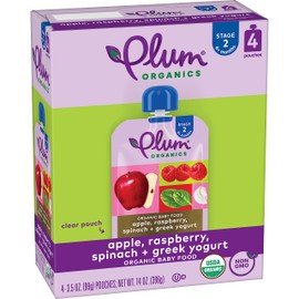 Plum Organics Stage 2 Organic Baby Food - Apple, Raspberry, Spinach, and Greek Yogurt - 3.5 oz Pouch (Pack of 4) - Organic Fruit and Vegetable Baby Food Pouch
