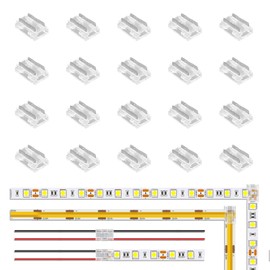 RGBZONE 20PCS 8-in-1 2-Pin 10mm LED Strip Connectors - Gapless, Solderless & Quick Connect for 10mm IP20 Single Color SMD 2835/3528 & COB LED Strips