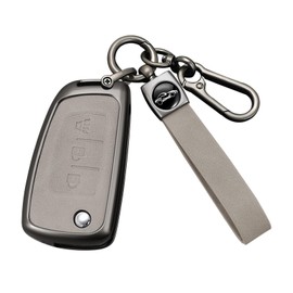 HIBEYO Key Fob Cover Compatible with Nissan Rogue Select Sport Sylphy Pulsar Sentra Accessories Leather& Zinc Alloy Key Case Fit for Nissan Rogue Holder with Keychains-3 Button (B Type) Gray