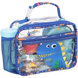 Bagseri Clear Kids Lunch Bags - Girls Lunch Box for School Reusable Snack Bag with Water Bottle Holder Stadium Approved Clear Bag, Blue Cute Dinosaur