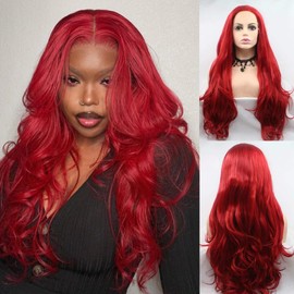 Angle Lucky Red Wig for Women Long Body Wavy Hot Red Natural Hairline Wig Synthetic Lace Front Wig Heat Resistant Fiber Glueless Wigs Cosplay Party 24 Inch