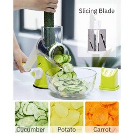 X Home Rotary Cheese Grater, Handheld Vegetables Slicer Cheese Shredder with Rubber Suction Base, 3 Stainless Drum Blades Included, Green