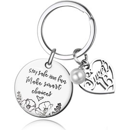 FAMOORE Stay Safe Have Fun Make Good Choices Sweet 16 Years Old Girl Gifts for Birthday, 16th teenage Drivers Keyring, New Driver or Graduation Keychain, Silver, Medium