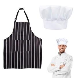 mkemka Apron and Chef Hat Set Black and White Striped Chef Apron Adjustable Cooking Hat Chef Outfit Adult Chef Apron Hat Set Chefs Apron with Pocket for Men Women