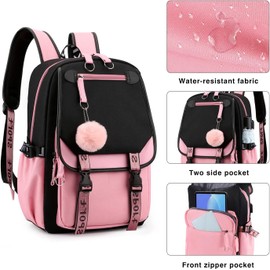Digi4U Girls Backpack Middle School Students Bookbag，School Backpack with USB Charge Port for Teens Girls Women 3+ Years(Blackpink)