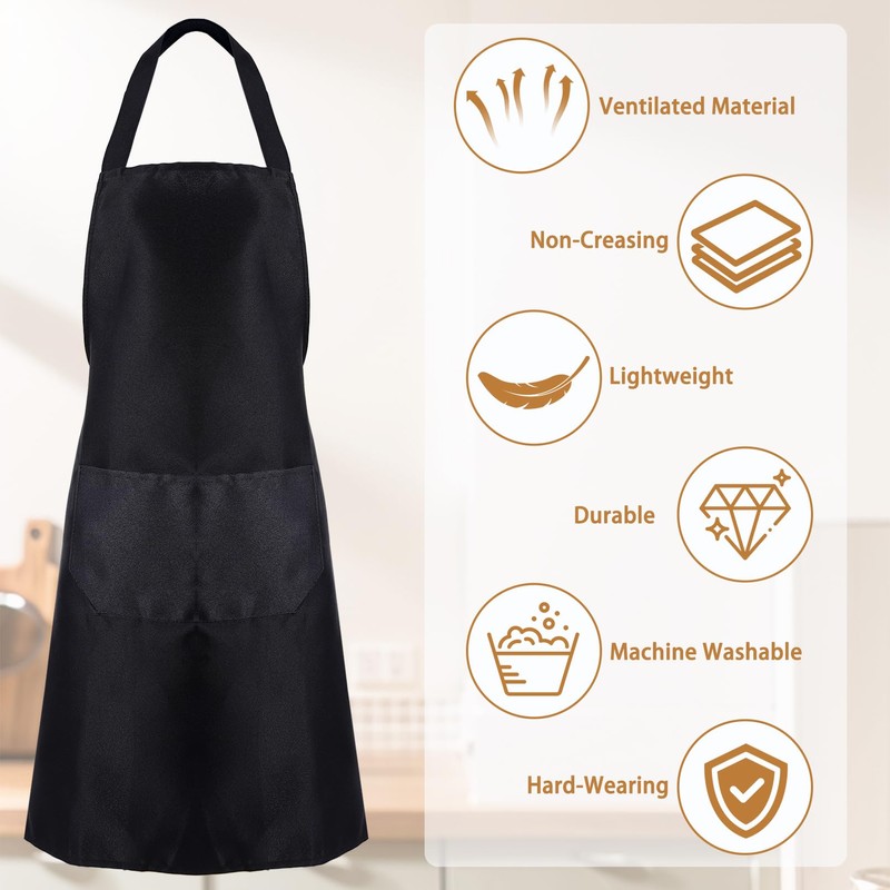 PIEMEET 12Pcs Bib Apron,Black Aprons Bluk,Bib Aprons with 2 Pocket,Kitchen