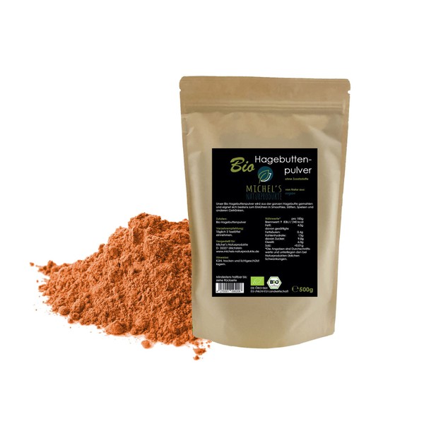 Michel´s Naturprodukte Organic Rosehip Powder (Rosa Canina), 500 g, Microfinely Ground from Whole Rose Hips, 100% Natural Rose Hip Powder in Raw Food Quality, No Additives, Vegan