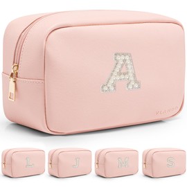 Vlando Bridesmaid Gifts Pink Makeup Bag for Women Makeup Pouch for Bridal Shower Gifts Wedding Gift Pearl Patch Make up Organizer Bag Letter A, Pink, A