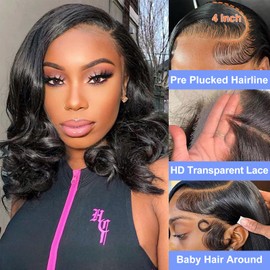RMOARIWR Bob Wig Human Hair 180% Density 13x4 HD Transparent Lace Front Body Wave Wigs Human Hair Pre Plucked Short Bob Glueless Wigs Human Hair for Women Natural Black 14 Inch