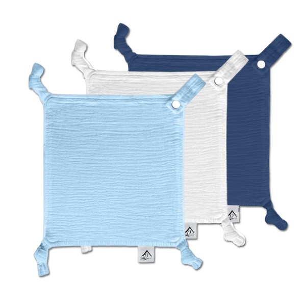 Baby Luxe 5-in-1 Mini Muslin Square, Bib, Toy Holder, Washcloth, Comforter - With Clip Attachment For Baby Bag, Pacifiers, Teething Toys and More (Set of 3: Baby Blue, Navy, White Cloth)