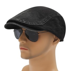 ZLYC Men Cotton Flat Cap Lightweight Ivy Irish Cabbie Driving Hat Summer Newsboy Hats(Washed Black),One Size