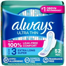 Always Almohadillas ultra delgadas tamaño 3, absorbencia extra larga sin aroma con alas, 52 unidades