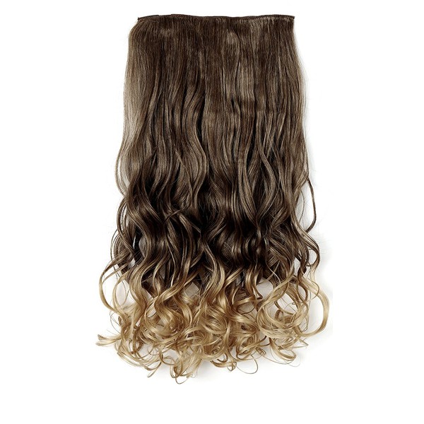 OneDor 20" Curly 3/4 Full Head Synthetic Hair Extensions Clip On/in Hairpieces 5 Clips 140g (6B10BT25# - Brown to Dirty Blonde Ombre)