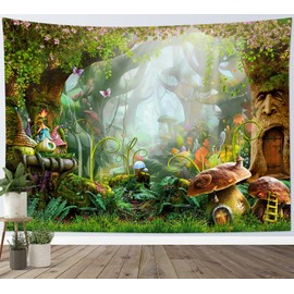 HVEST Fairy Tale Tapestry Mushroom and Green Plants in Forest Wall Hanging Spring Scenery Tapestries for Bedroom Living Room Dorm Party Decor,80Wx60H inches