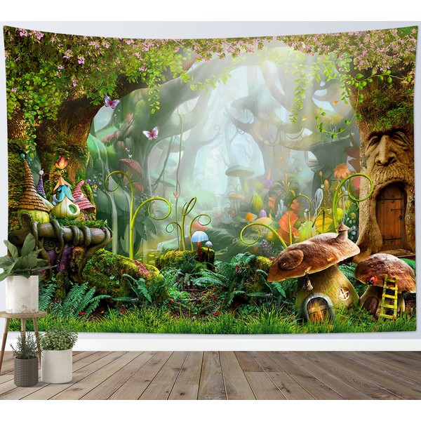 HVEST Fairy Tale Tapestry Mushroom and Green Plants in Forest