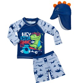 BAOPTEIL Baby Boys Swimsuit Sets Toddler Bathing Suit Rash Guards Sunsuit Swimwear with Hat UPF 50+(Skateboard Dinosaur,6-9 Months)