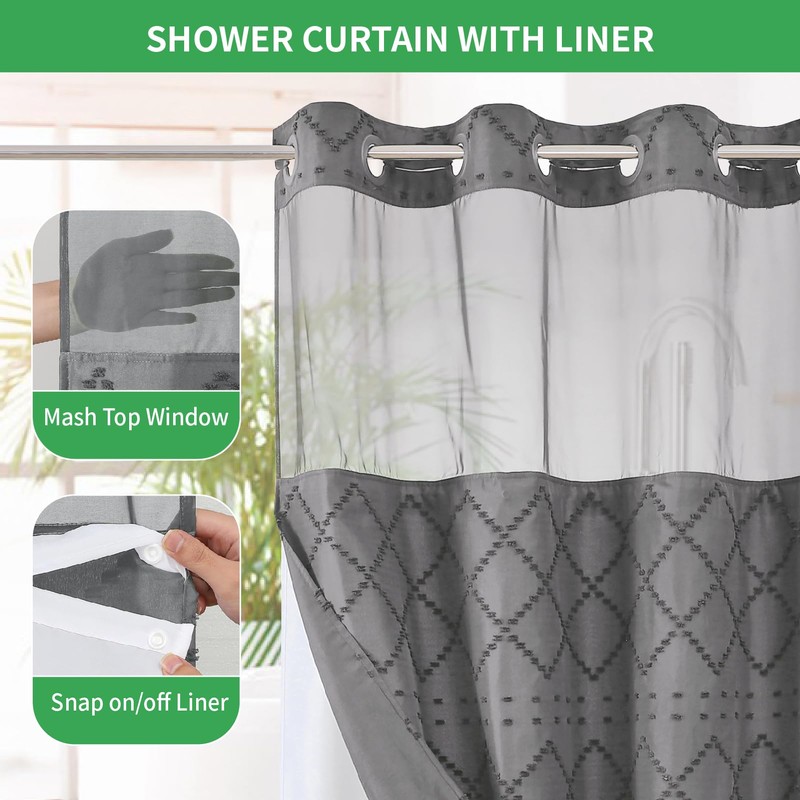 eachope Charcoal Grey No Hook Shower Curtain and Fabric Liner
