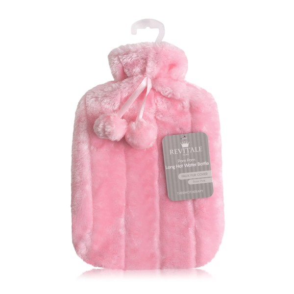 Revitale Luxury Cosy Faux Fur Pom Pom Hot Water Bottle - 2 Litre (Baby Pink)
