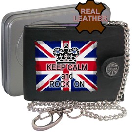 Klassek Keep Calm & Rock On Funny Music Mens Wallet with Chain Real Leather RFID Blocking with Coin Pocket and Metal Gift Box