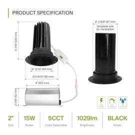 ASD Trimless 2 Inch LED Recessed Lighting, 15W 120V Round Commercial LED Downlight, Canless Dimmable LED Downlights for Ceiling with J-Box, 5 CCT 2700K-5000K, CRI 90+, IC Rated, ETL, Energy Star Black