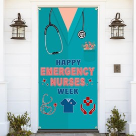 Printspree Emergency Nurses Week Door Cover - 72.8x35.4 Inch Vibrant Polyester Door Decoration with Nurse Uniform & Stethoscope Design, Happy Emergency Nurses Week Sign for Hospitals & Clinics