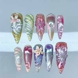 Press on Nails Long Stiletto SWEKKE 3D Floral Fake Nails French Tip False Nails with Pearls Water Drop Designs Y2k Colorful Glossy Glue on Nail Acrylic Nail for Women Girls 30Pcs