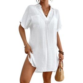 Bsubseach Womens Bathing Suit Cover Ups V Neck Bikini Swimsuit Coverup Summer Beach Shirt Dress Swimwear with Pockets White