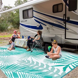 Outdoor Rug 10'x14' Waterproof for Patios Clearance, Reversible Outdoor Plastic Straw Rug Camping Carpet, Outside Floor Mats Large Area Rugs for RV,Patio,Deck,Porch, Beach, Balcony,Teal&White