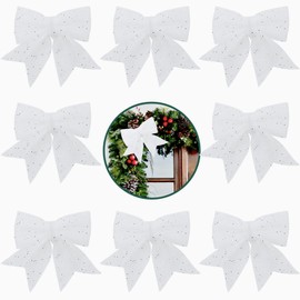 8Pcs White Glitter Christmas Tree Bows,5.5in Wreaths Bows for Christmas Tree Decorations,Xmas Tree Bows with Sequin Ties,Foam Bows for Christmas Tree Ornaments,Wreath Making,Garland,Gift Wrapping