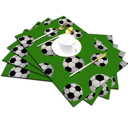 Soccer Placemats Set of 4, Ball Soccer Sport Game Green Placemats Heat Resistant for Dining Table Non-Slip 18x12 Inches