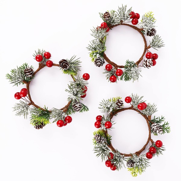 OYATON Mini Christmas Wreaths Rings Decoration, 6 Inch Candle Ring Set with Artificial Berry and Snowy Pinecone for Pillar Candle, Pack of 3