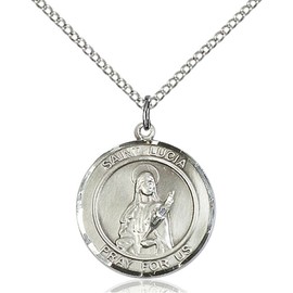 Bonyak Jewelry Saint Medal Collection Sterling Silver St. Lucia of Syracuse Pendant 3/4 x 5/8 inches with 18 inch Sterling Silver Curb Chain