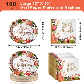 Dereinwo 100 Pcs Thanksgiving Oval Plates and Napkins Fall Plates and Napkins, Disposable Party Supplies for Thanksgiving Autumn Harvest Table Decor, 50 Guests