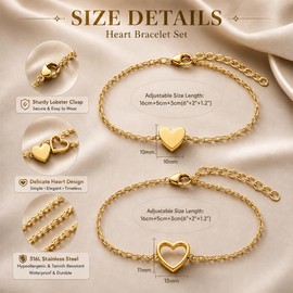 2 Pcs Gold Heart Bracelet for Women, 14K Gold Plated Stainless Steel Friendship Bracelet,Adjustable Bracelets Dainty Chain Jewelry Love Friendship Two Bracelet Pack