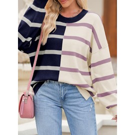 EVALESS Womens Sweaters 2025 Fashion Trendy Fall Oversized Cable Knit Striped Round Neck Long Sleeve Loose Plus Size Lightweight Pullover Clothes,Blue Stripe XX-Large