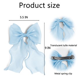 Bow Hair Clips for Women, Large Shiny Blue Bow Hair, French Long Tail Bows Hair Clip, Coquette Bows Hair Accessories for Girls