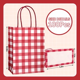 JarThenaAMCS 100Pcs Gingham Kraft Paper Bags With Handles Red White Checkered Treat Gift Bags Candy Goodie Bags for Christmas Baby Shower Birthday Party Favors Supplies