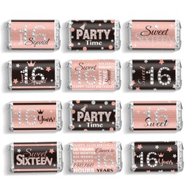 Sweet 16 Mini Candy Bar Wrappers Birthday Miniatures Candy Favor Stickers Sixteen Chocolate Bar Wrapper Labels Girl 16th Birthday Wrapper Stickers, 90 Pieces (Pink Black)