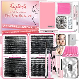 Qiveaory DIY Fluffy Lash Extension Kit with 684pcs Lashes Clusters,1X/2X Magnification Compact Mirror with Light,Lash Bond and Seal,Eyelash Remover Tweezers Applicator Mascara Brush(50-60-80-100D)
