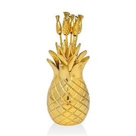 Godinger Pineapple Cocktail Picks with Holder, Brass, Set of 6
