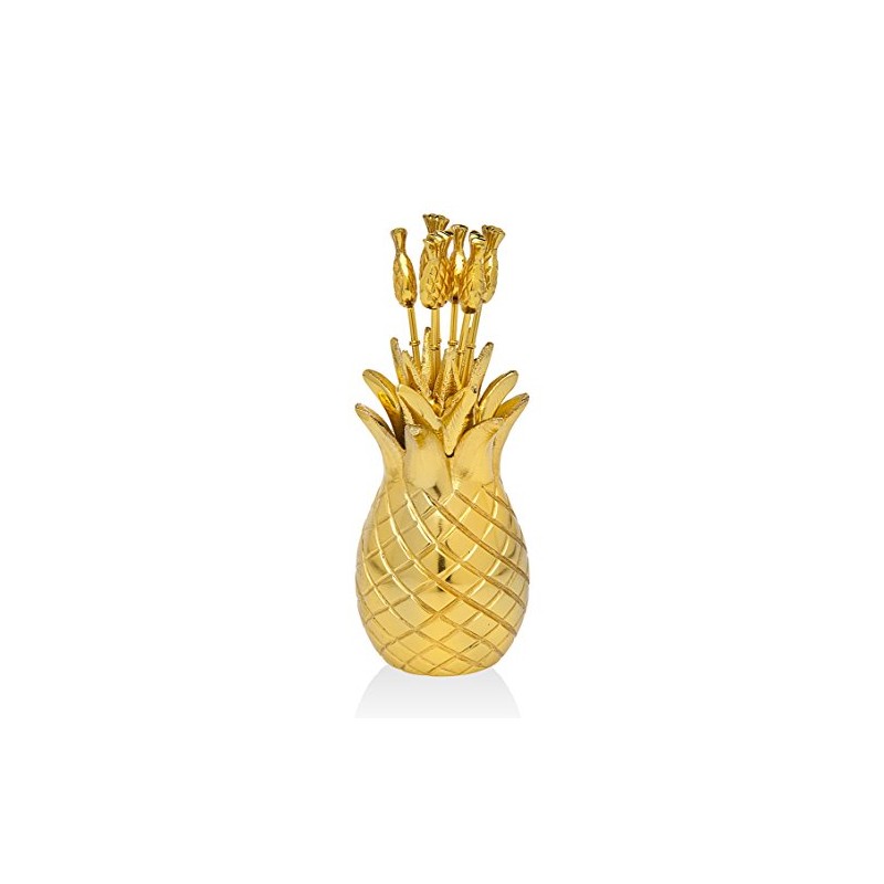 Godinger Pineapple Cocktail Picks with Holder, Brass, Set of 6