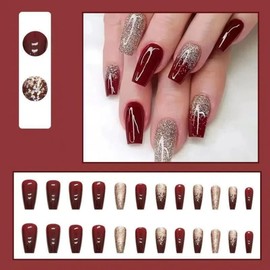 Ztcily Red Long Coffin False Nails Pure Gold Glitter False Nails for Weddings, Christmas Valentine's Day New Year Gift Idea