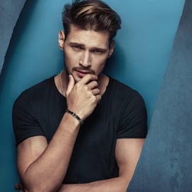 Flongo Men's Biker Stainless Steel Skull Skeleton 8MM Black Bead Stone Bracelet