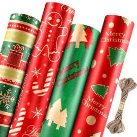 KOJAYHOL Kraft Wrap Paper Rolls - Jumbo Wrap for Kids & Adults, 4 Rolls - 17 in. x 16 ft. Per Roll, Green & Red Christmas Tree, Gingerbread Man, Snowflakes, Merry Christmas(With Jute Twine).