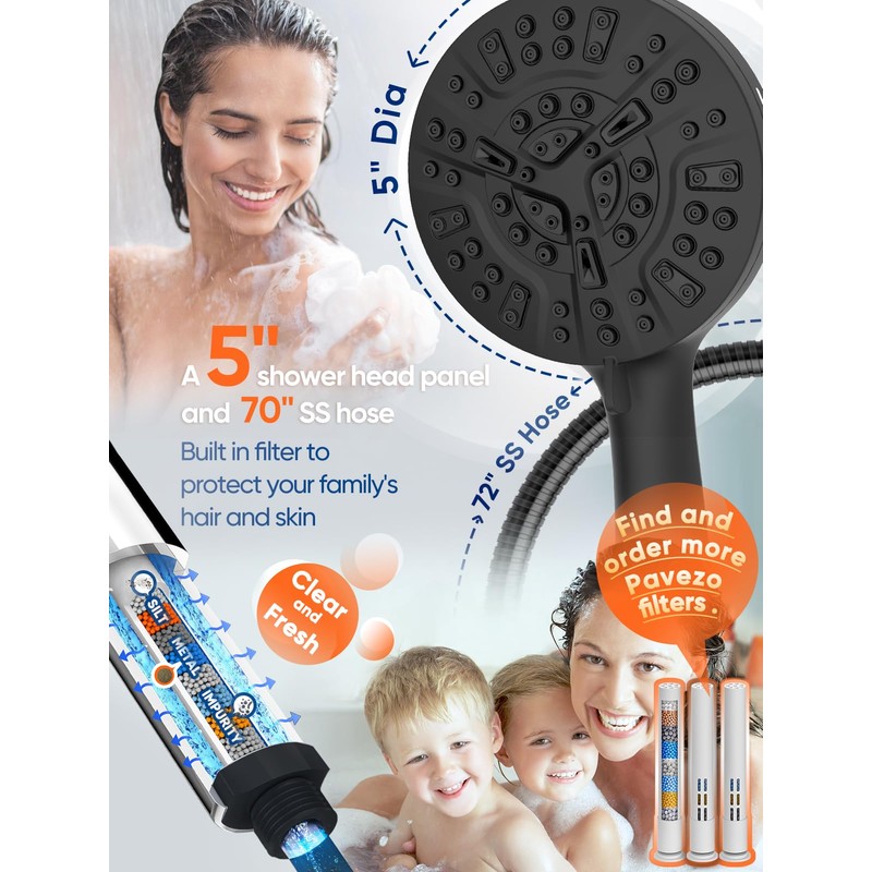 Pavezo 5-Inch High Pressure Handheld Shower Head with 10-Mode Powerhead,