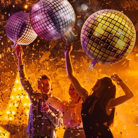 HOUSE OF PARTY 4D Sphere Balloons Pack of 6 - Disco Black and Gold Foil Balloons 22 Inches Disco Ball Balloons Mylar Balloons for Graduation Party Decorations